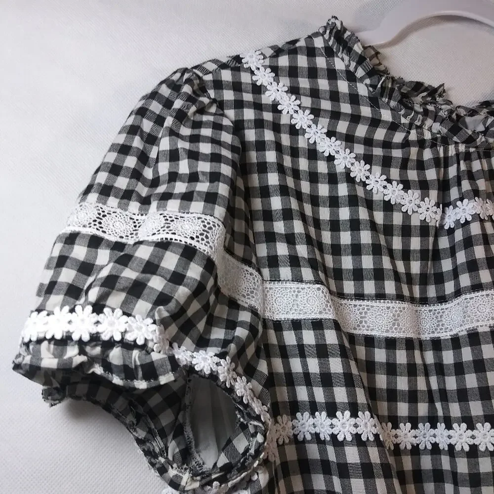 J Crew Black Gingham Daisy Chain Lace Peplum Peasant Short Sleeve Blouse Size M